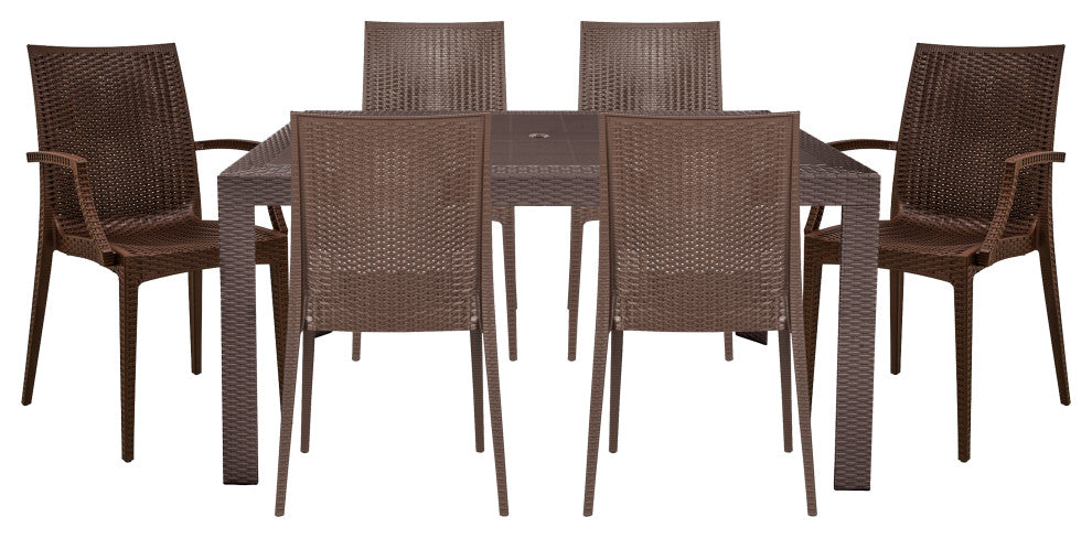 LeisureMod Mace 7-Piece Dining Set with 4 Side Chairs 2 Arm Chairs, Brown