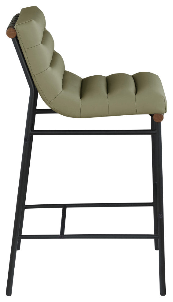 Burke Counter Stool, Green, Vegan Leather, Walnut Veneer Metal Dowel