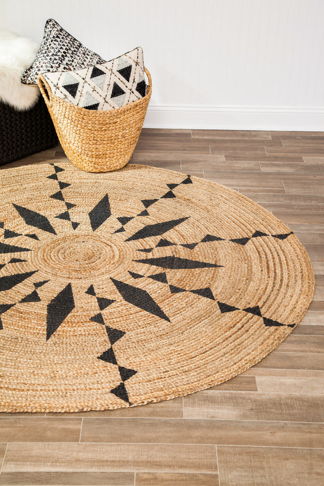 Jute Round Tribal Line Black Print, 4' Round