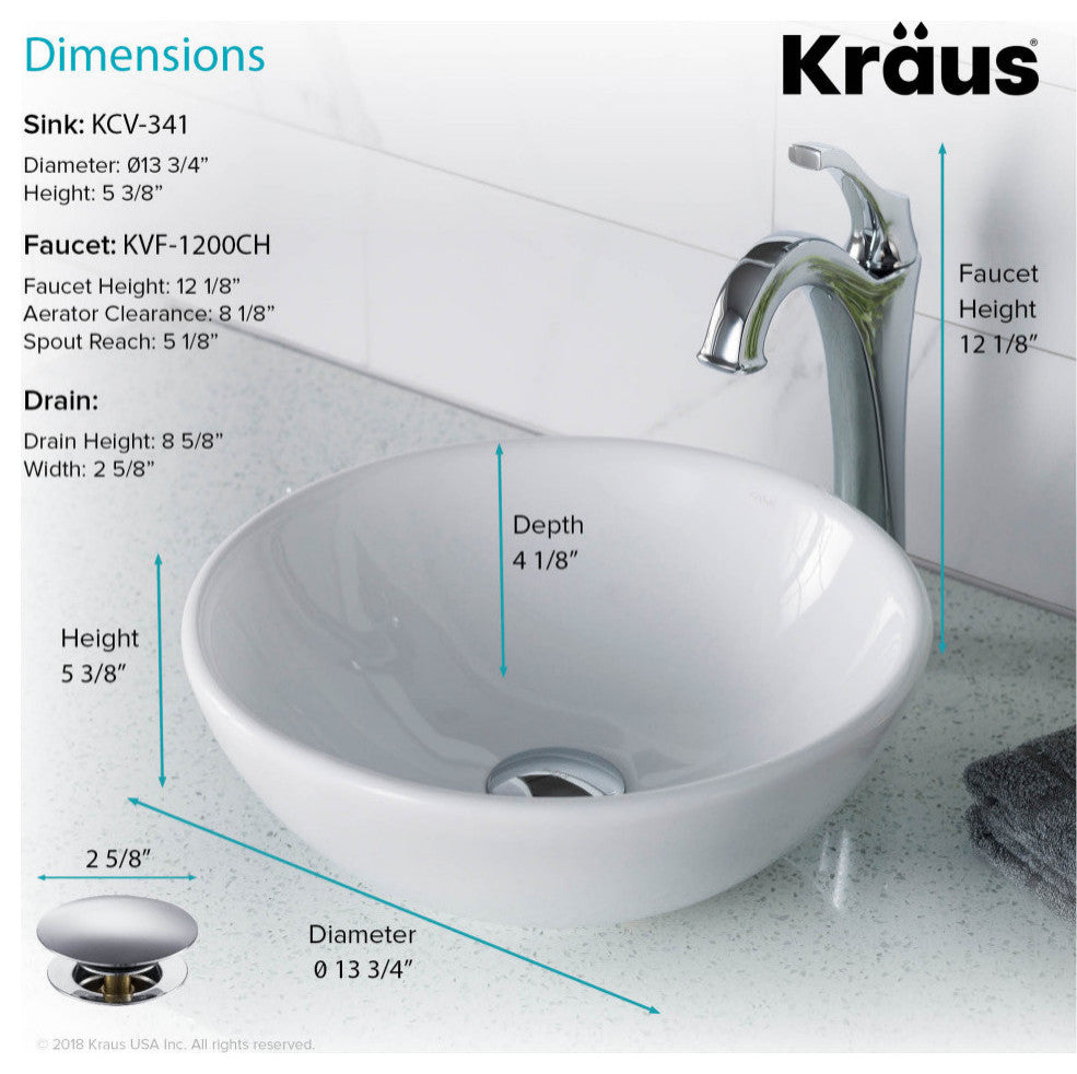 Elavo Round Ceramic Vessel Sink, Bathroom Arlo Faucet, Drain, Chrome