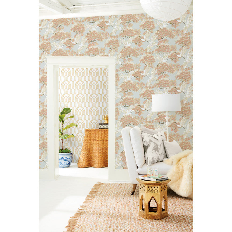 Sprig and Heron Coral Wallpaper