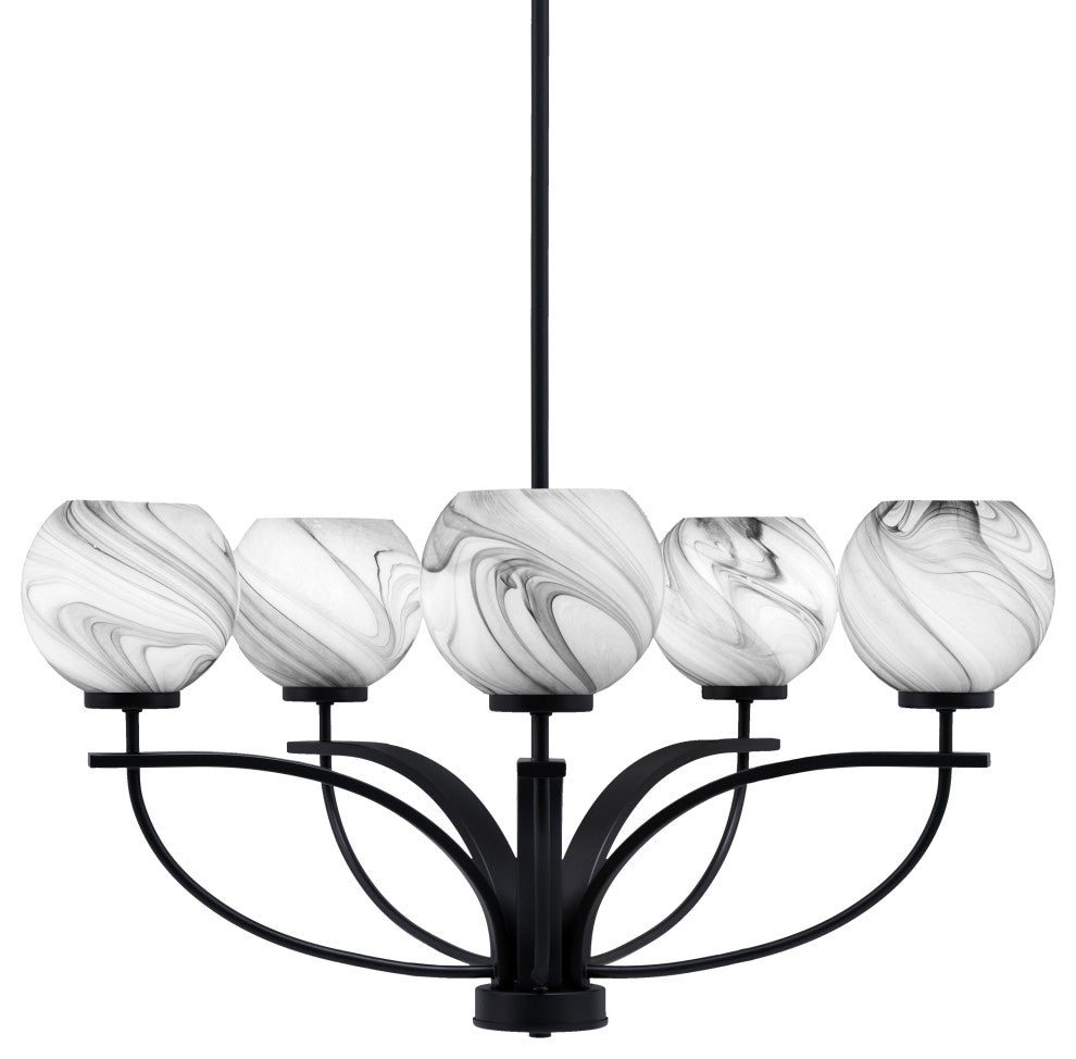 Cavella 5 Light Chandelier In Matte Black Finish, 5.75" Onyx Swirl Glass