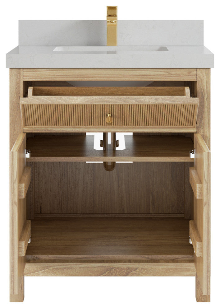 Sonoma 30 Single Sink Bath Vanity in Light Natural Teak with 2" Carrara Quartz