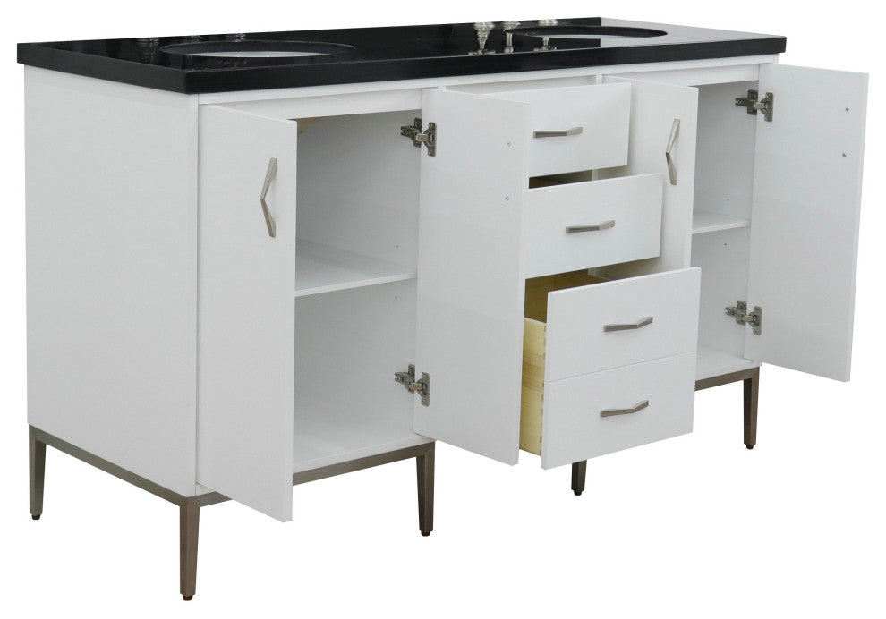61" Double Sink Vanity, White Finish With Black Galaxy Granite And Oval Sink