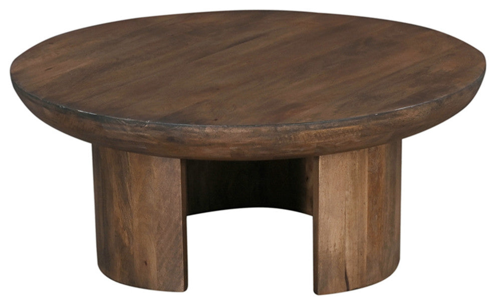 35" Coffee Table Round Mango Wood Top Curved Tripod Legs Walnut Brown Finish