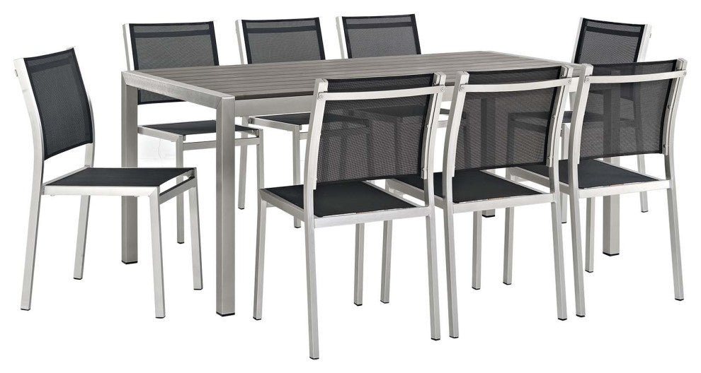 Silver Black Shore 9 Piece Outdoor Patio Aluminum Dining Set