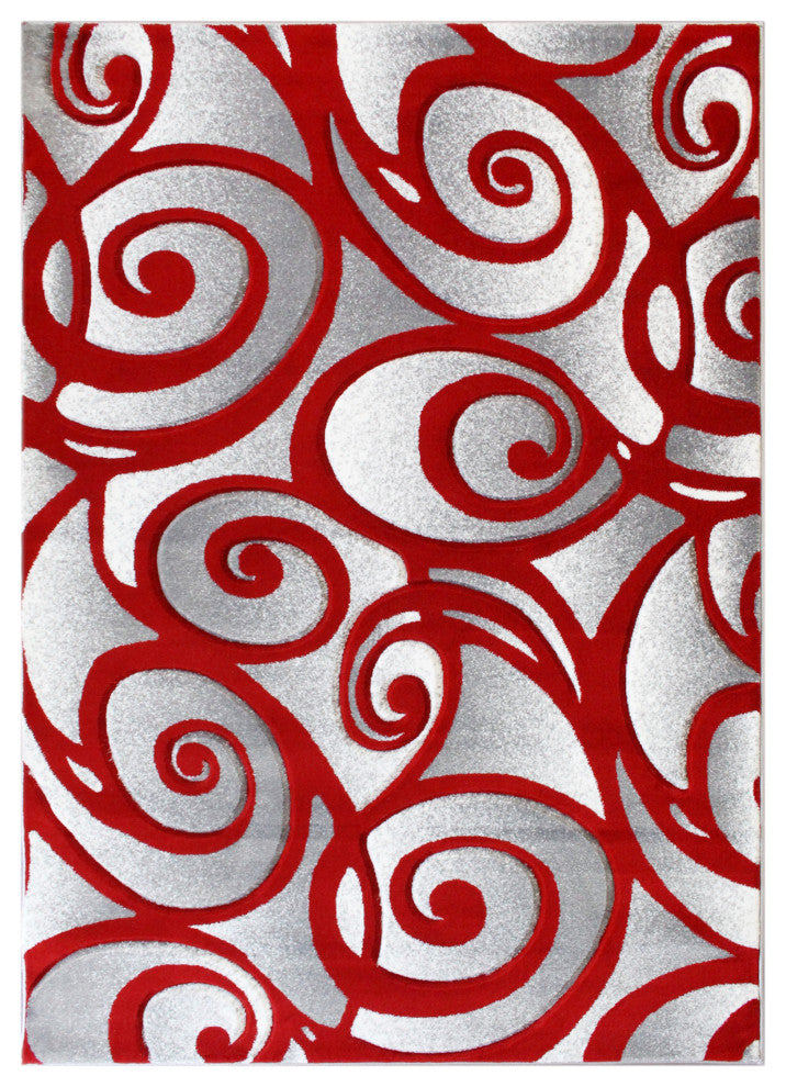 Angie Collection Modern Rectangle 5' x 7' High-Low Pile Swirled Area Rug, Red