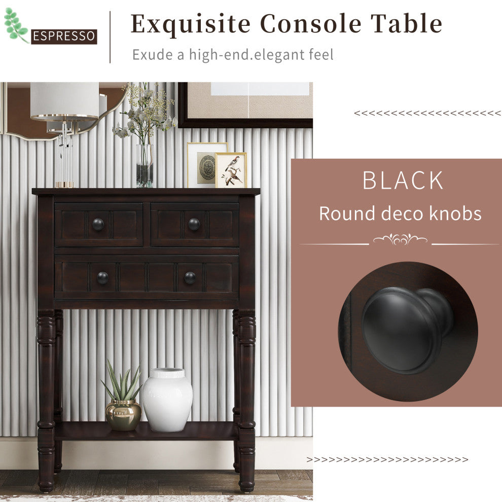 TATEUS Modern Narrow Console Table With Three Storage Drawers, Espresso
