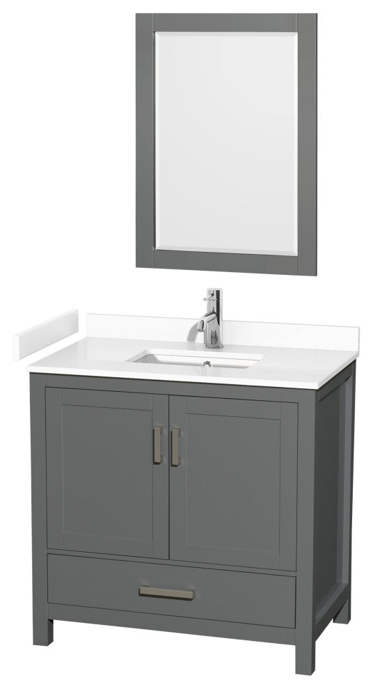 36"SGL Bathroom Vanity Dark Gray, White Cult. Marble Countertop, Sink, 24"Mirror