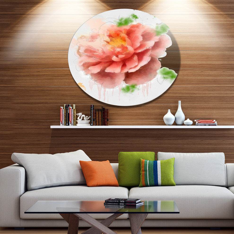 Light Red Rose Sketch Watercolor, Floral Large Disc Metal Wall Art, 23"