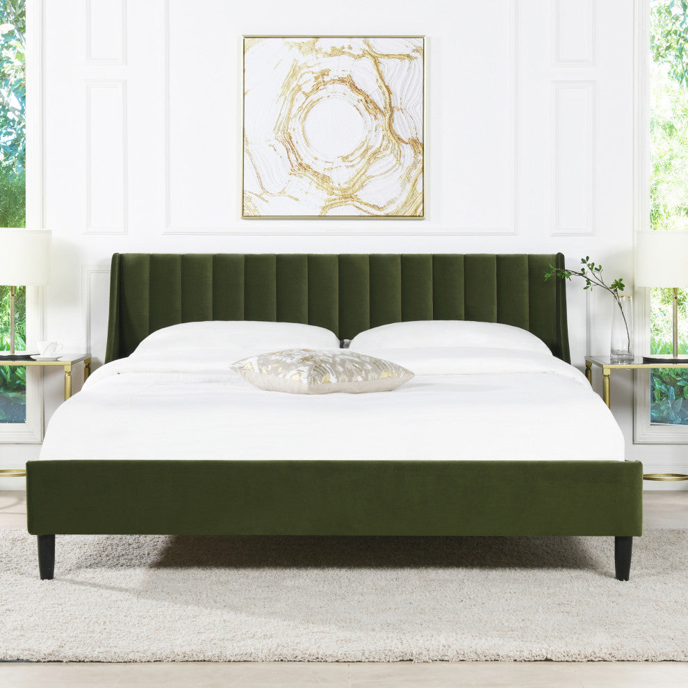 Aspen Modern Vertical Tufted Upholstered Platform Bed, Olive Green Performance Velvet, King