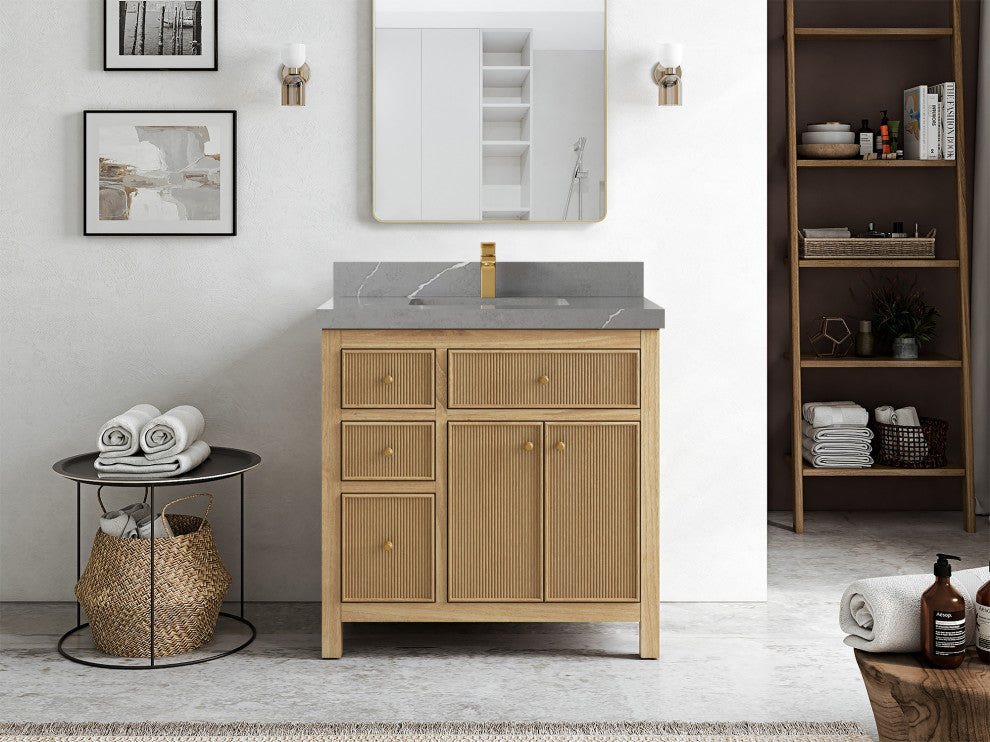Sonoma Teak 36 Center Sink Vanity in Light  Natural with 2" Piatra Gray Quartz