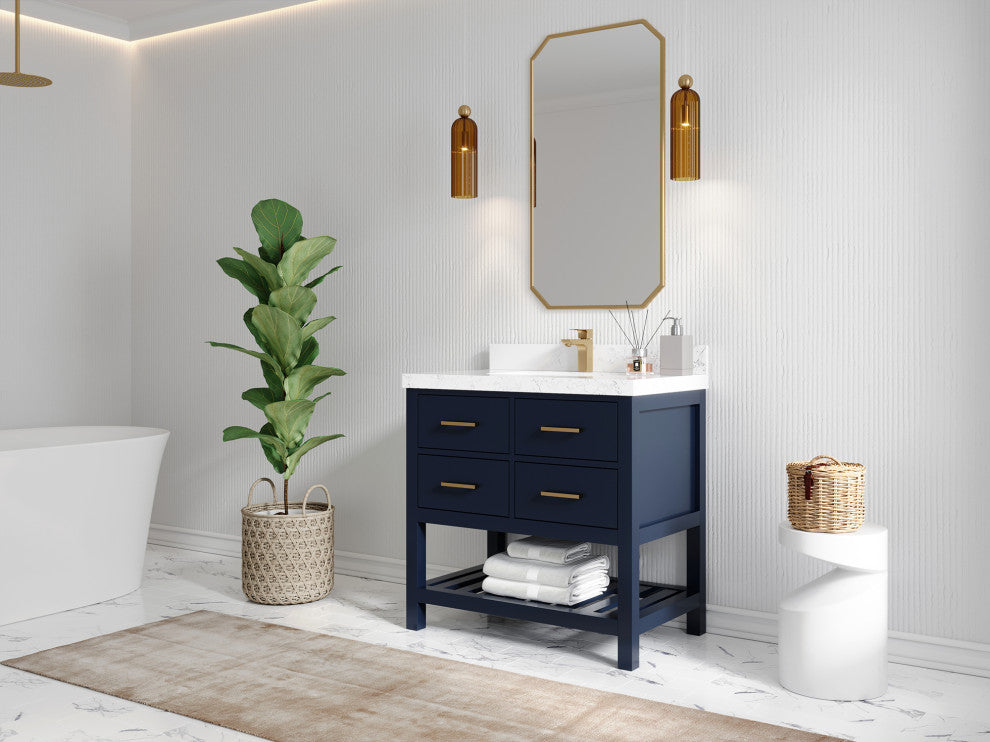 Parker 36 Single Sink Bath Vanity in Navy Blue  2" Carrara Marble