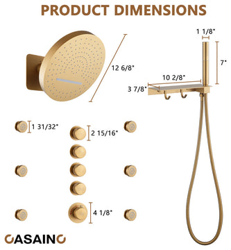12inch Adjustable Shower Head With Shelf and Spray Gun Function, Brushed Gold