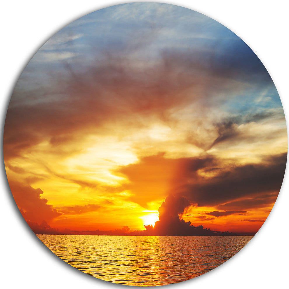 Fiery Sky At Sunset Over Sea, Modern Seashore Round Metal Wall Art, 23"