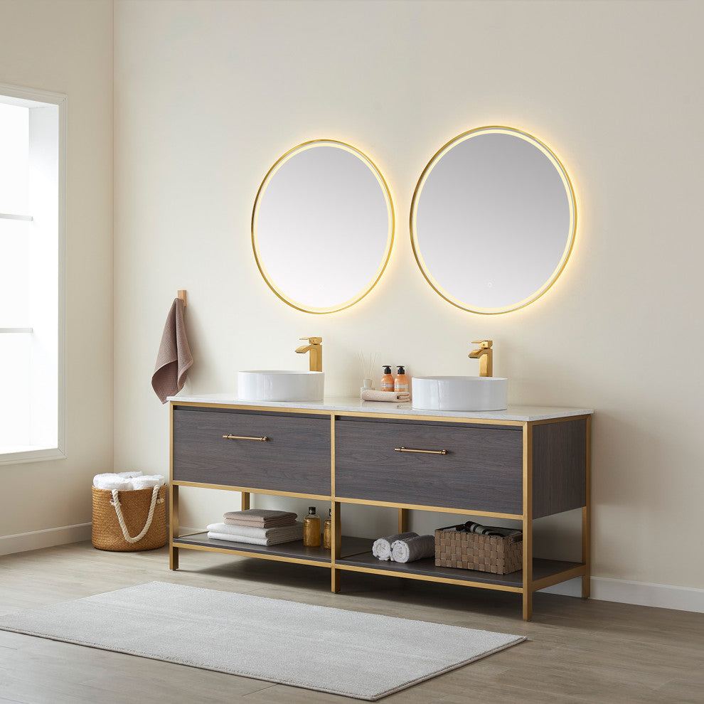 Murcia Vanity With White Stone Countertop, Suleiman Oak, 72", With Mirror