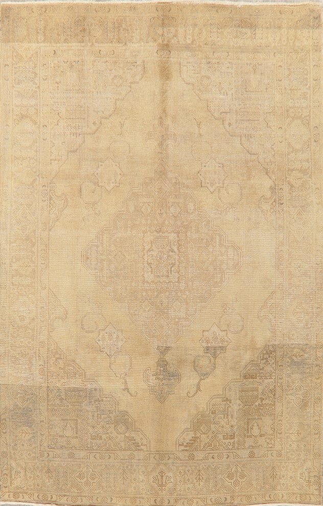 Consigned, Antique Handmade Distressed Traditional Persian Area Rug, Beige, 7x10