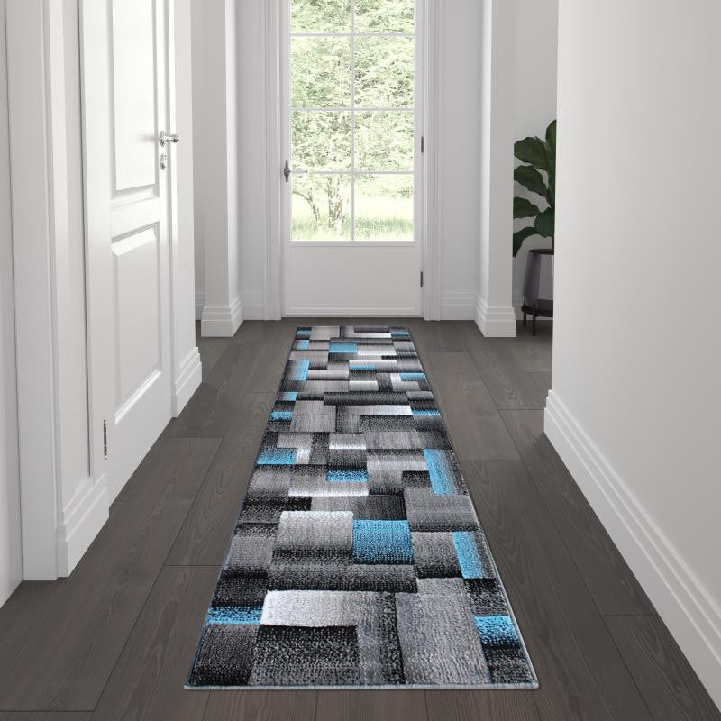 Elio Collection Color Blocked Area Rug, Blue, 2' X 7'