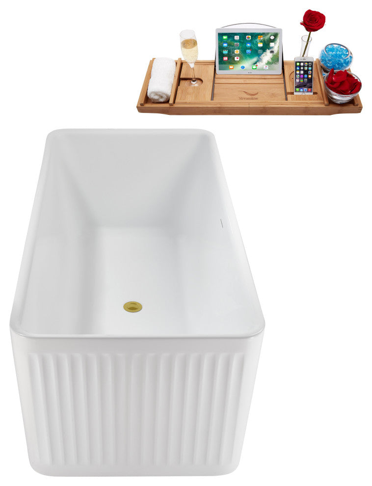 59" Streamline N5000BGL Soaking Freestanding Tub, Tray, Drain, Brushed Gold