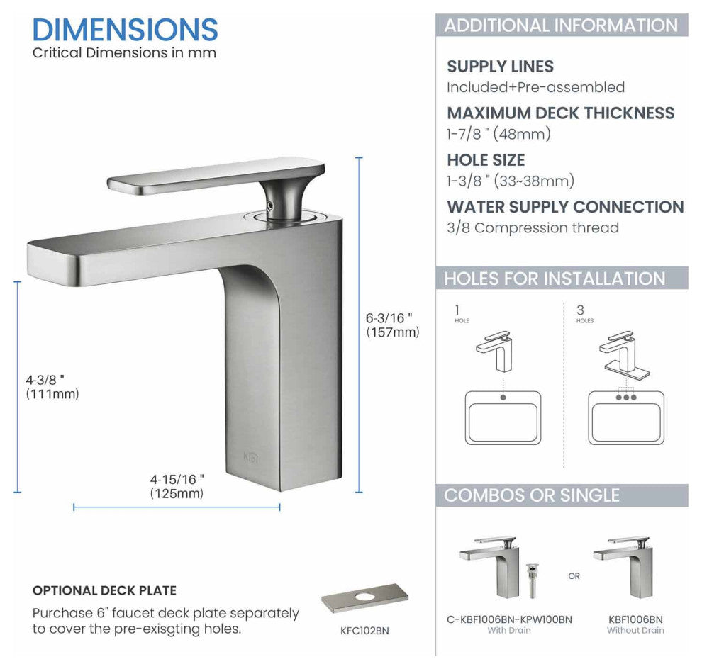 Infinity Single Handle Bathroom Faucet KBF1006, Brush Nickel, W/ Drain