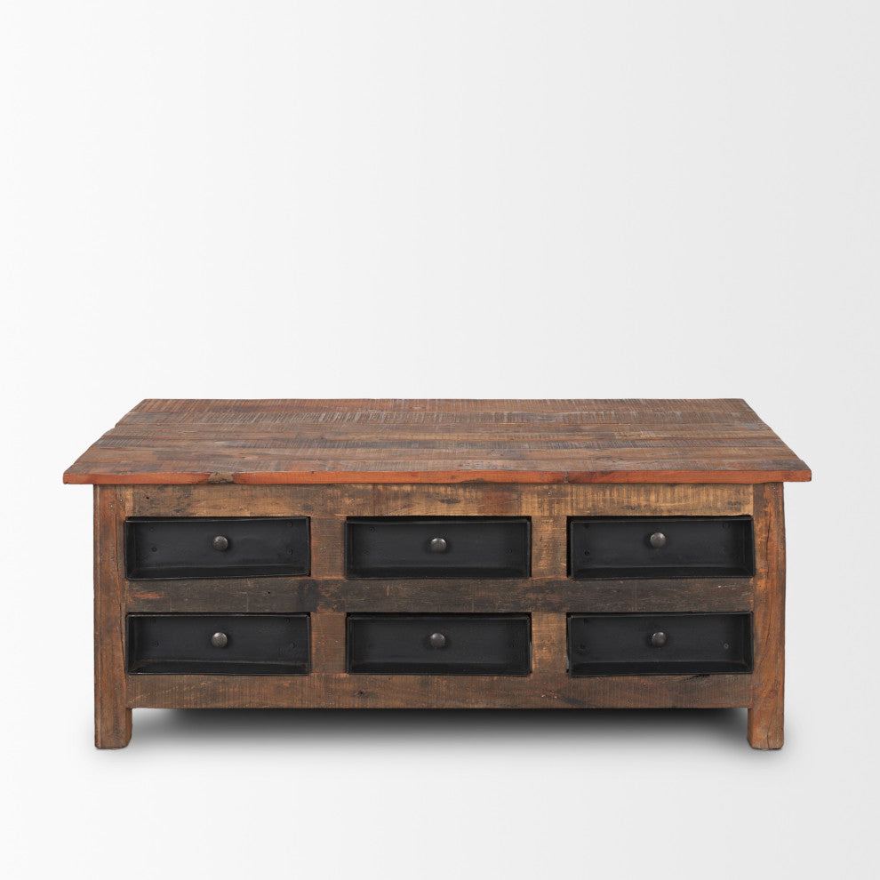 Wilton Brown Wood With 12 Black Metal Drawers Coffee Table