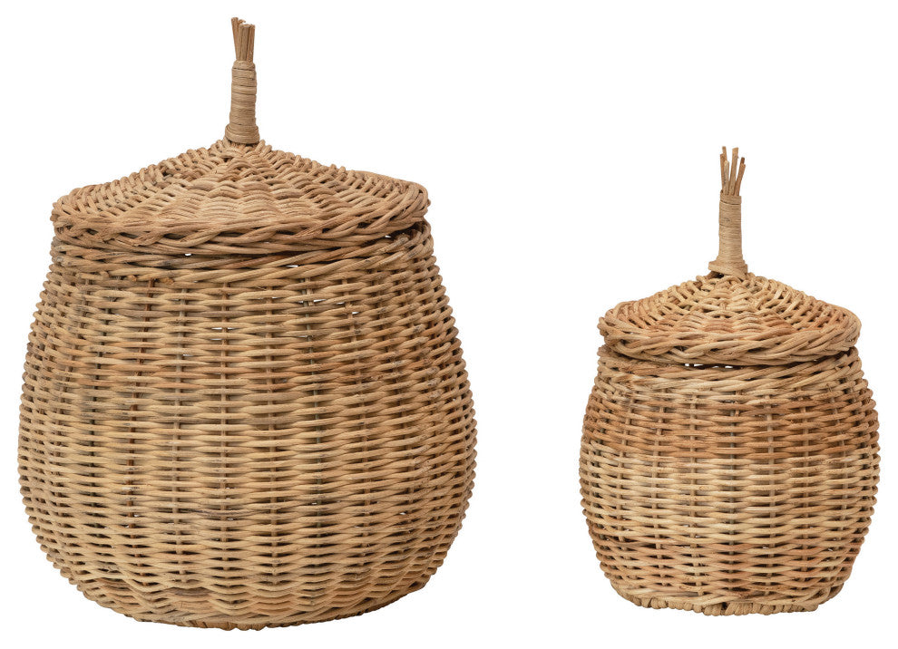 Hand-Woven Wicker Baskets With Lids, 2-Piece Set
