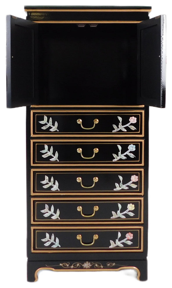 Black Lacquer Lingerie Cabinet With Bird and Flower Mother of Pearl Design, 24"