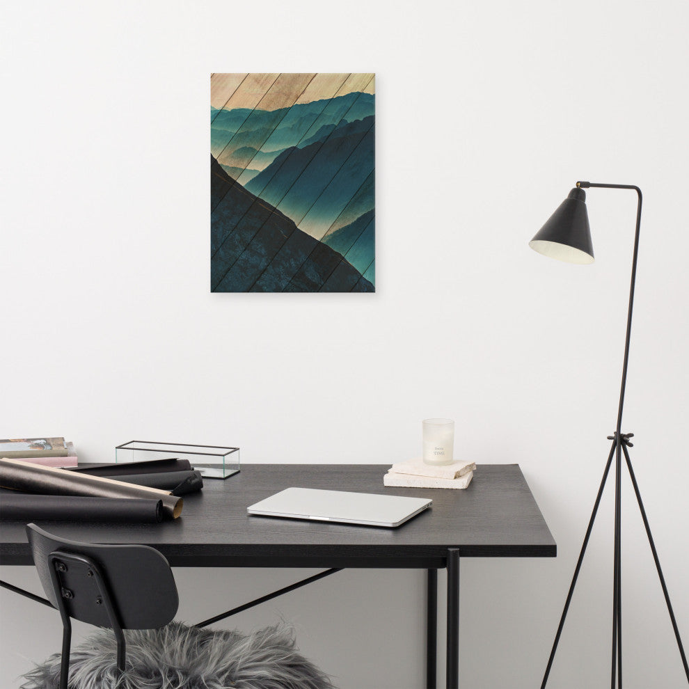 Faux Wood Misty Blue Silhouette Mountains Landscape Canvas Art Print, 18" X 24"