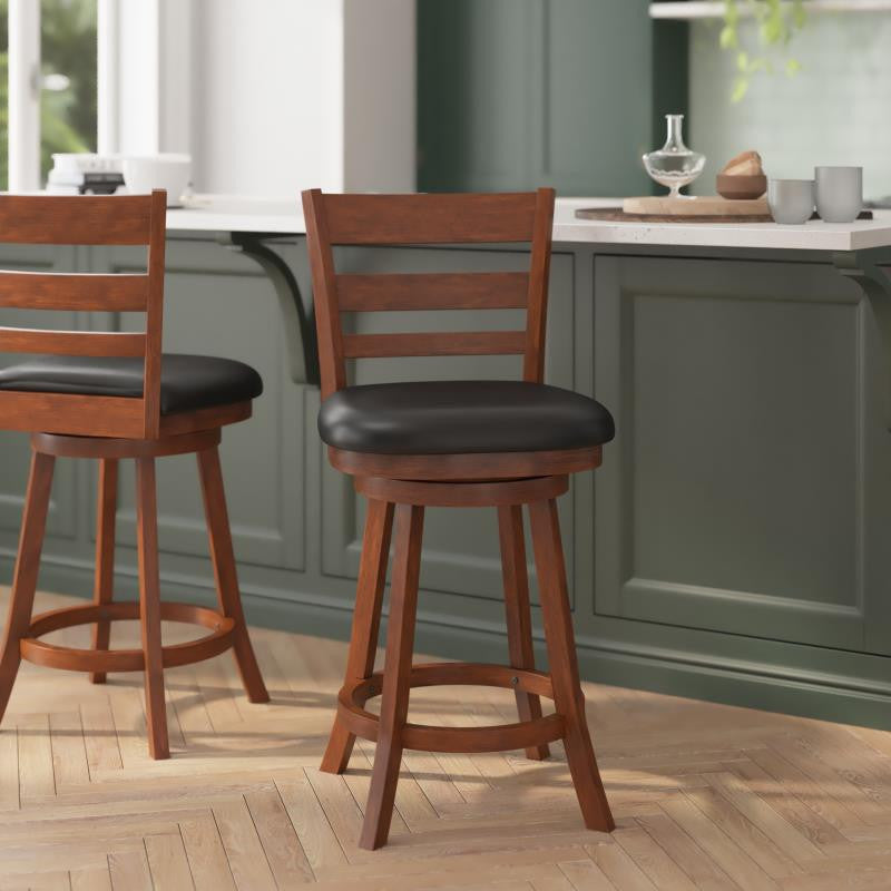 Zerrick Ladderback Swivel Counter Height Barstool with Padded Seat, Black Vinyl/Antique Oak Frame