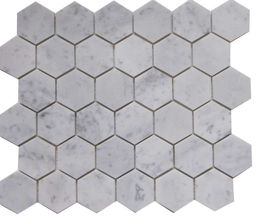 12"x10"Carrara White Marble Mosaic Tile, Hexagon, Polished, Set of 50