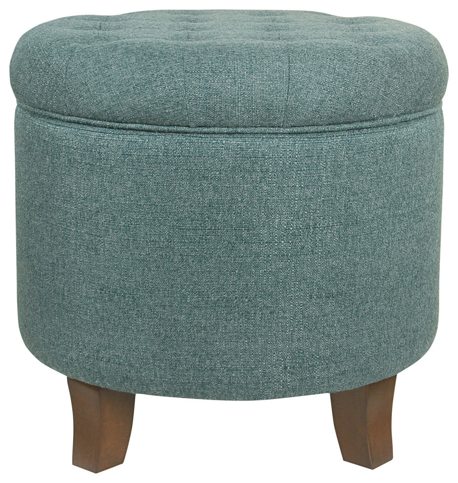 Benzara BM194933 Fabric Round Ottoman With Lift Top Storage, Teal Blue and Brown