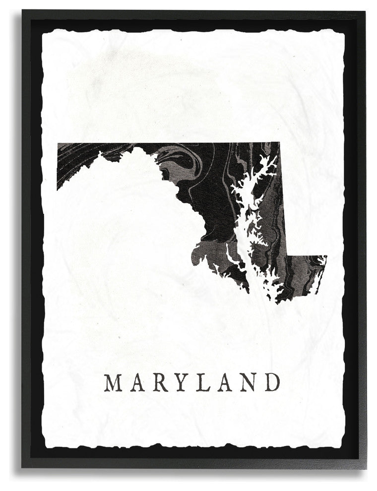 Black and Grey Marbled Paper Maryland State Silhouette Framed Giclee, 16"x20"