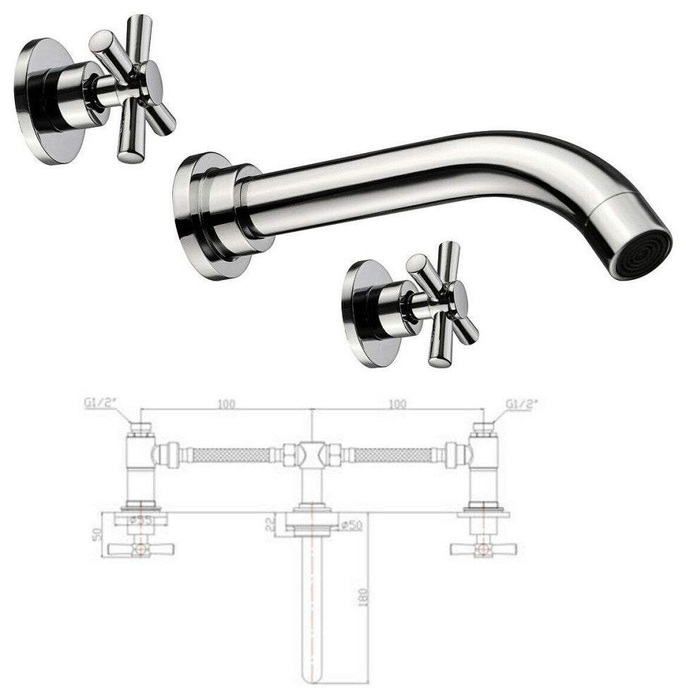 Wall Mount Chrome Faucet Set, 3 Piece Set