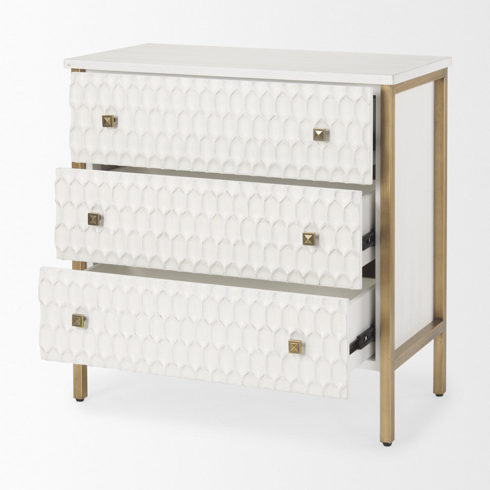 Savannah White Fir Veneer With Gold Metal Frame 3 Drawer Accent Cabinet