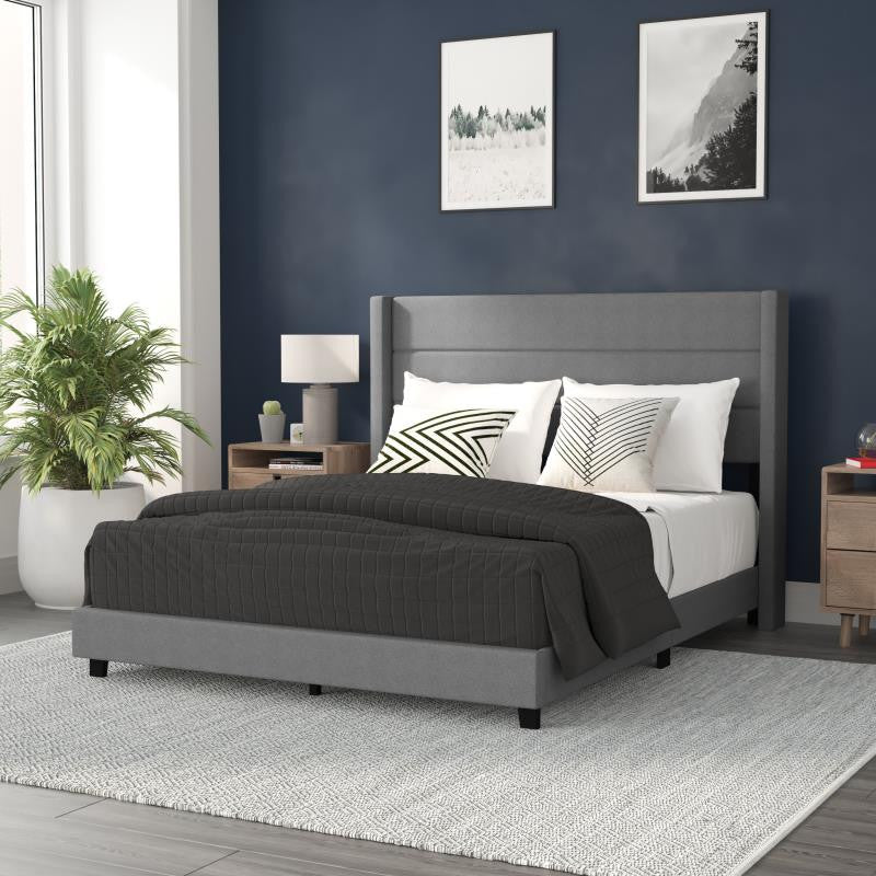Hollis Upholstered Platform Bed with Wingback Headboard w/Mattress Foundation, Gray, Queen