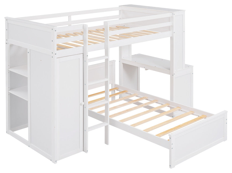 Gewnee Wood Twin size Loft Bed with Platform Bed and Wardrobe in White
