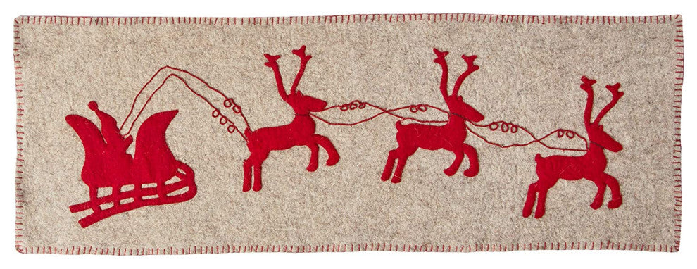 Handmade Gray Hand Felted Wool Table Runner with Reindeer and Sleigh, 16x44