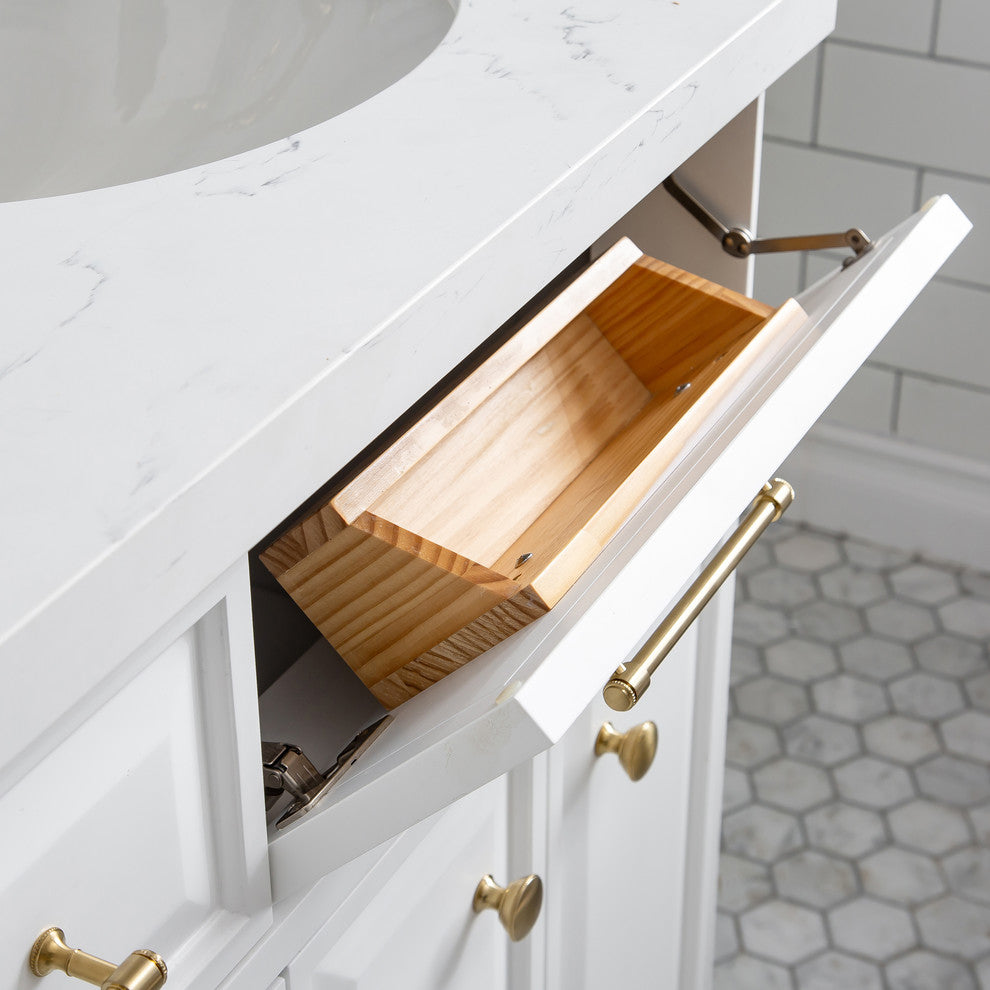 60" Palace Quartz White Vanity With Brass Hardware, Faucets and Chrome Mirrors