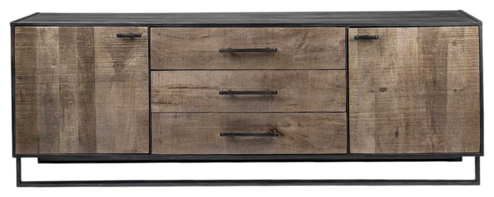 82" Brown and Black Solid Wood Three Drawer Sideboard With 2-Doors