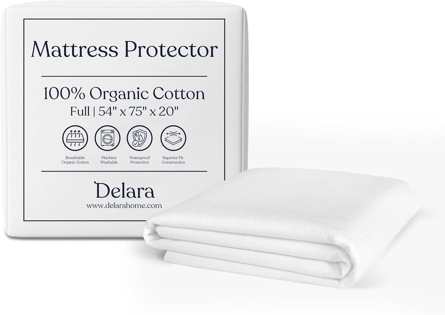 Delara Organic Cotton Waterproof Ultra Soft 300TC Mattress Protector, Full, 54"x75"
