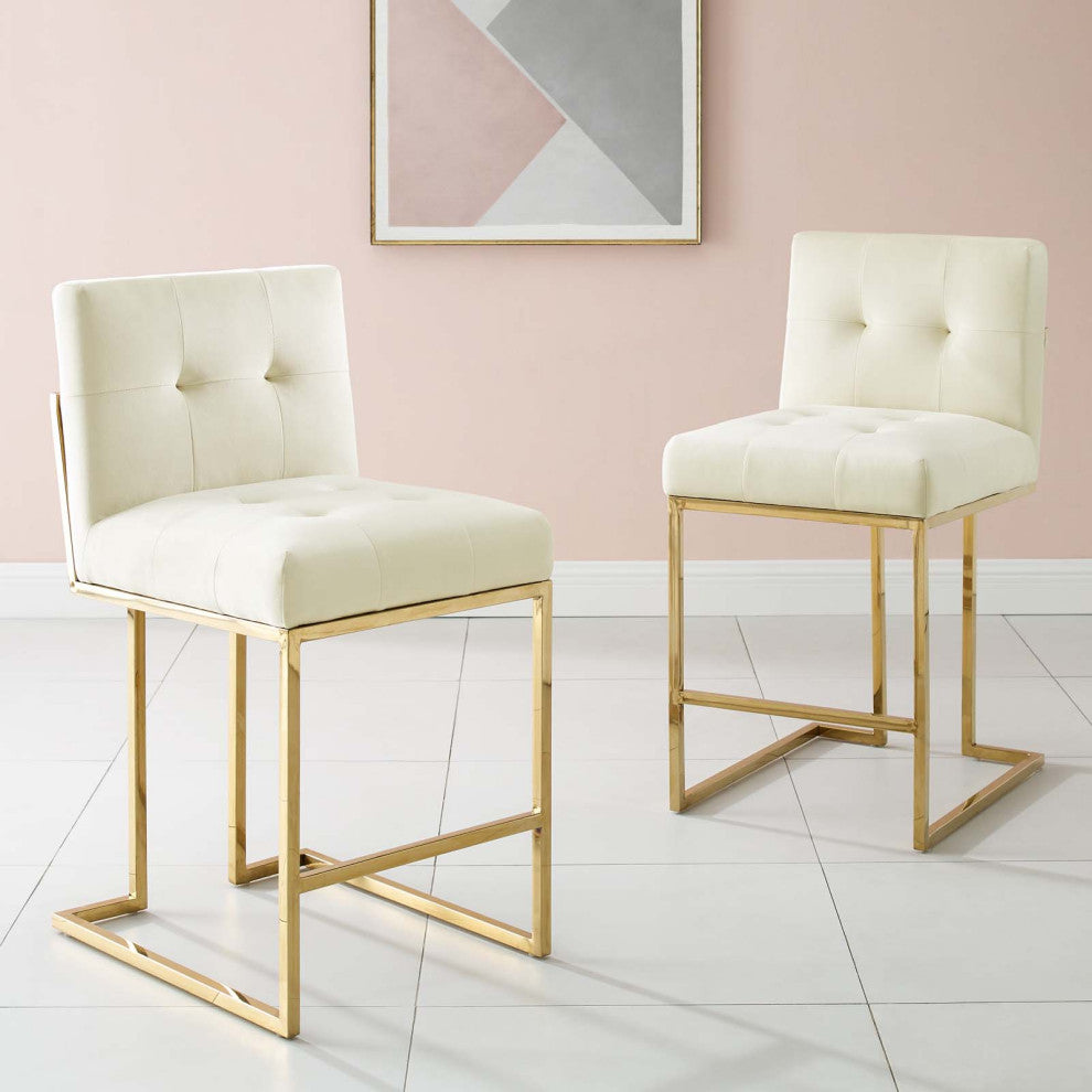 Privy Gold Stainless Steel Performance Velvet Counter Stool Set of 2-Gold Ivory