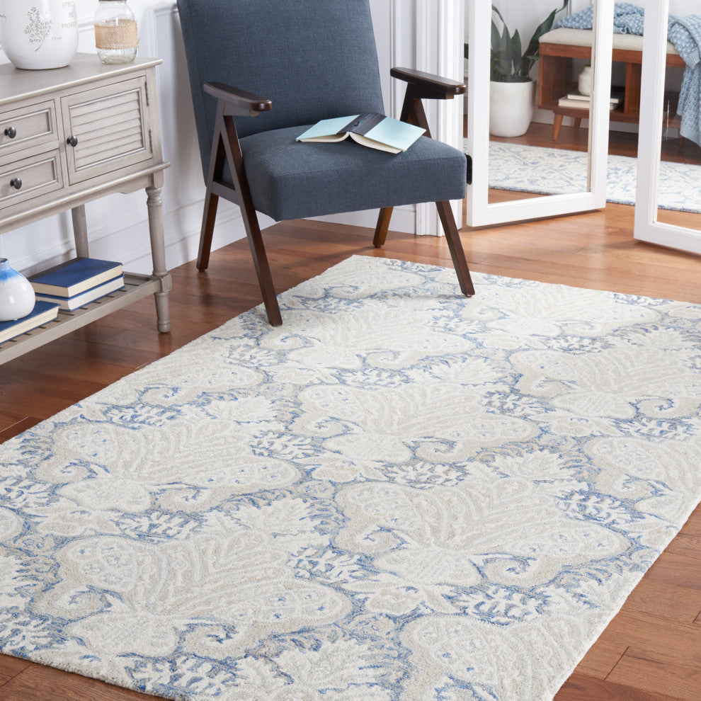 Safavieh Micro-Loop Mlp539M Damask Rug, Blue and Ivory, 4'0"x6'0"