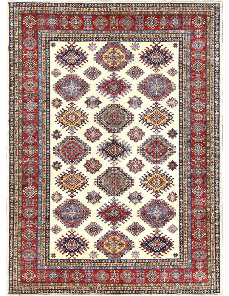 Hand Knotted Ivory Afghan Super Kazak Shiny Wool Oriental Rug, 8'8" x 11'10"