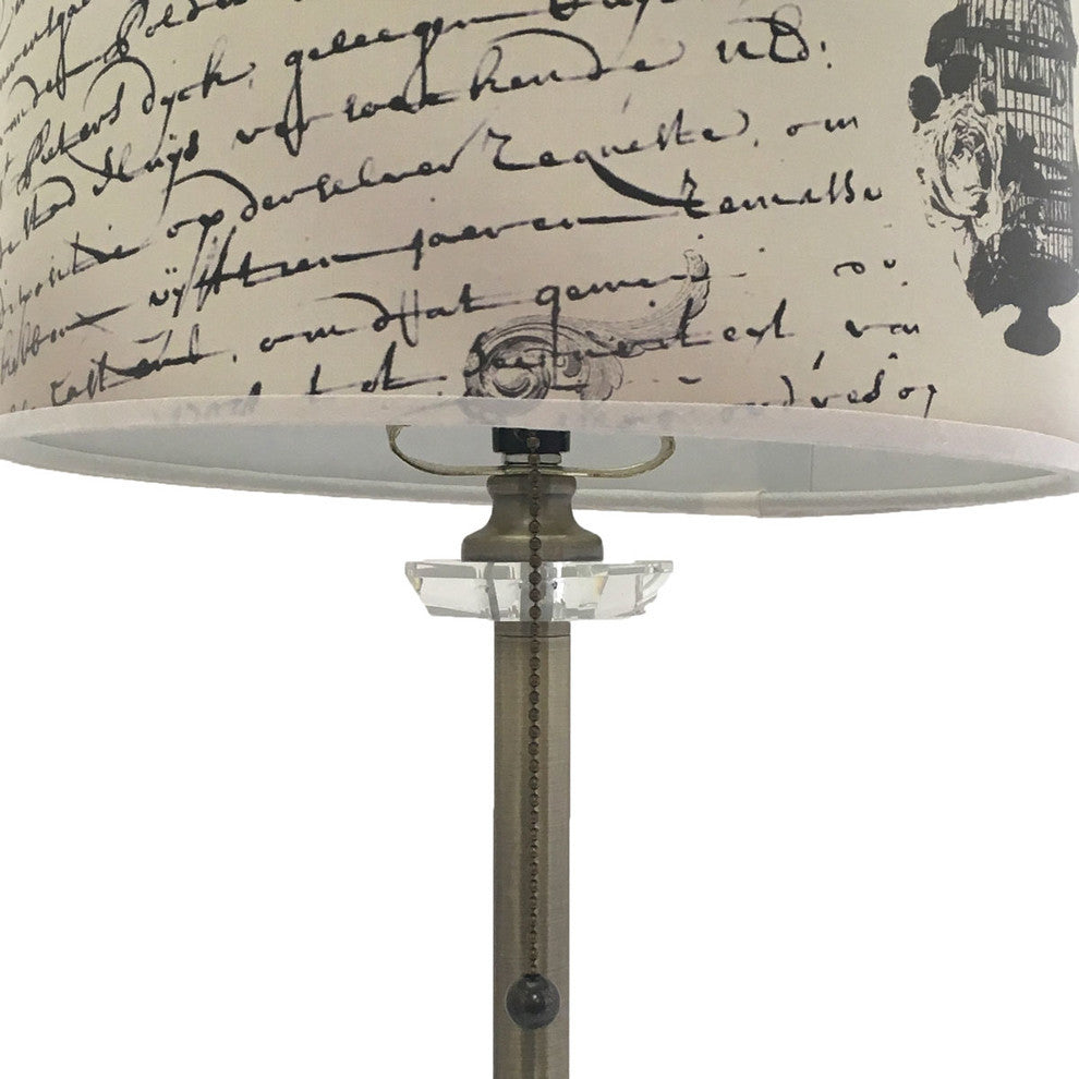 28" Crystal Lamp With Vintage Letter Calligraphy Shade, Antique Brass, Set of 2
