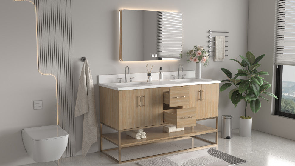 Light Oak Lima Bathroom Vanity With Open Shelf & Gold Leg Base, 60" Double Sink