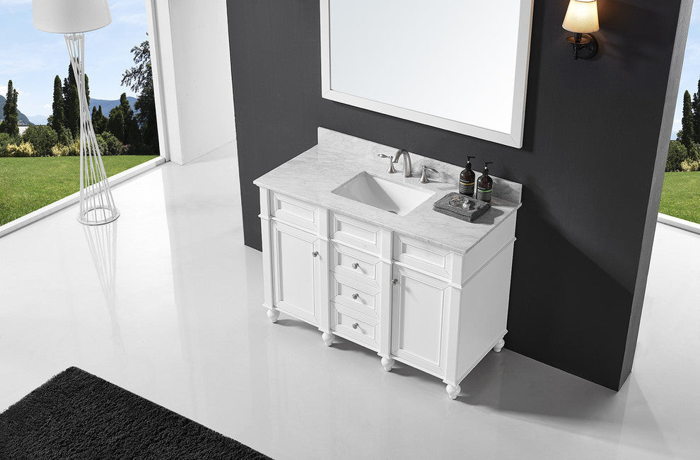 48" Single Bathroom Vanity, White with Carrara White Marble Top