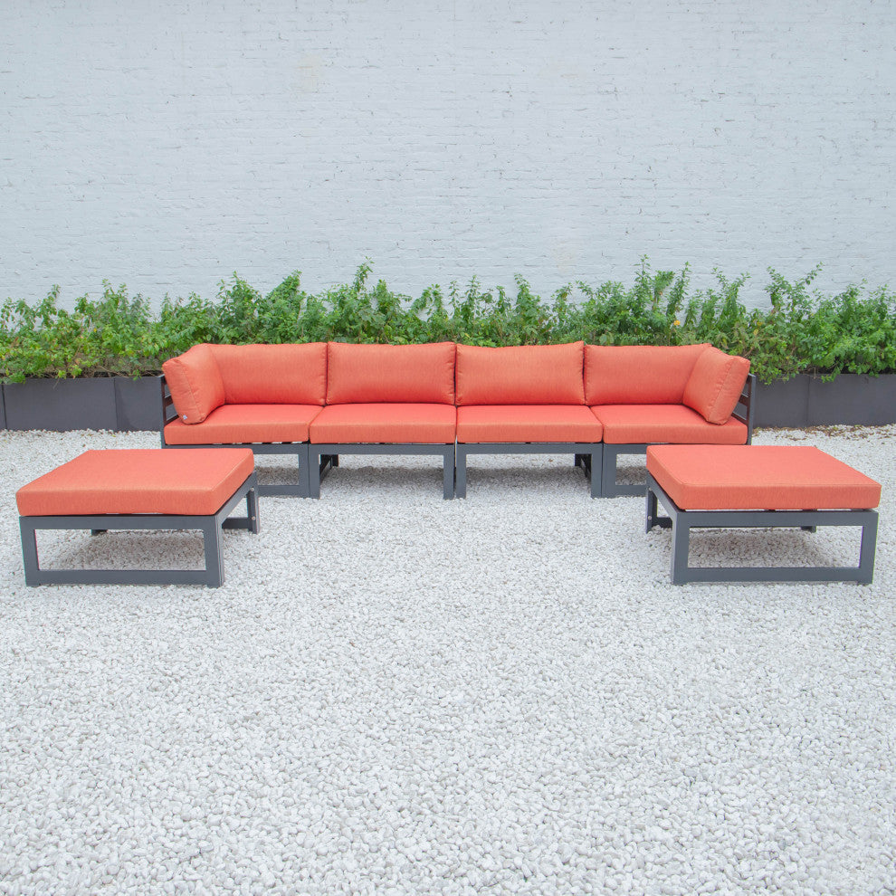 LeisureMod Chelsea 6-Piece Patio Ottoman Sectional Black Aluminum, Orange