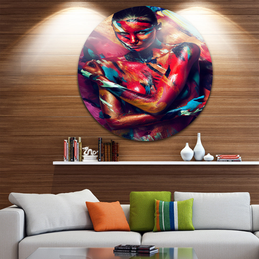 Girl In Paint, Portrait Contemporary Disc Metal Artwork, 36"