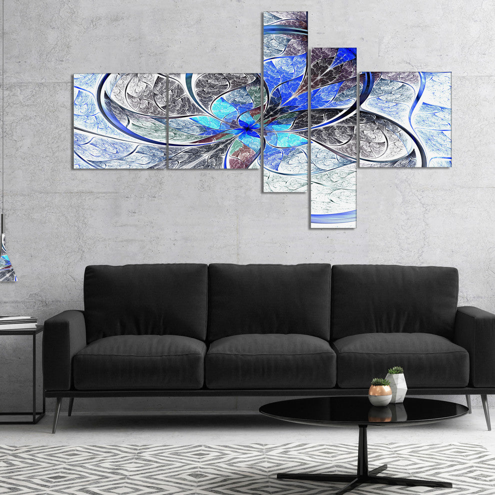 Symmetrical Blue Fractal Flower, Abstract Print On Canvas, 60"x32", 5 panels