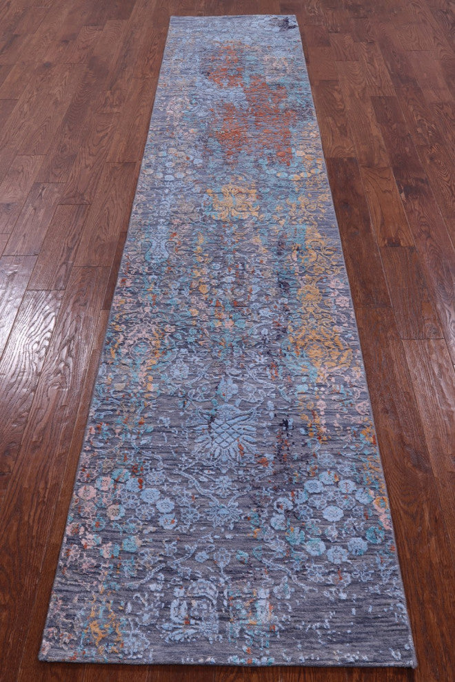 Runner Hand-Knotted Modern Wool and Silk Rug 2' 6" X 12' 0" Q11828